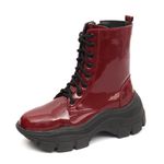 Bota Coturno Plataforma Alta Tratorada Cano Curto 6001 Vinho Verniz