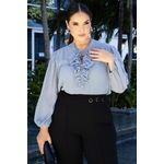 Blusa de Crepe com Decote V e Gola Alta com Amarrações 