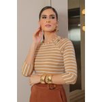 Blusa Listrada Bege com Mangas 3/4 e Botões Trabalhados