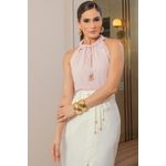 Blusa de Crepe Rosa Claro com Gola Alta e Laços com Ponteiras Bordadas