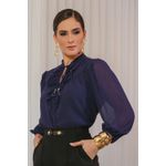 Blusa de Crepe com Decote V e Gola Alta com Amarrações