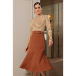 Blusa Listrada Bege com Mangas 3/4 e Botões Trabalhados