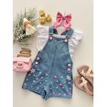 Jardineira Flores Jeans