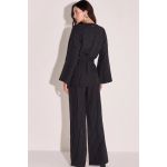 Calça Wide Leg Risca de Giz Em Blend de Viscose Preto