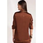 Camisa Manga Longa Em Tecido Acetinado Marrom