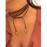 CORDÃO COURO BOHO CARAMELO CANUTILHO BANHADO A OURO 