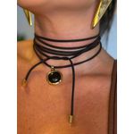 CORDÃO COURO BOHO E PINGENTE CAFÉ BANHADO A OURO