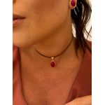 COLAR COURO BOHO E PINGENTE RESINADO RED CHERRY BANHADO A OURO
