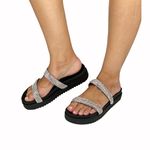 Papete Feminina Flatform Com Tiras De Strass 199051 Napa Preta