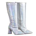 Bota Feminina Cano Longo Salto Triângulo 23020 Croco Holográfico Prata