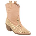 Bota Feminina Texana Salto Baixo Com Spikes 23040 Suede Rosado Western