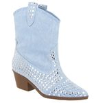 Bota Feminina Texana Salto Baixo Com Spikes 23040 Tecido Jeans Claro