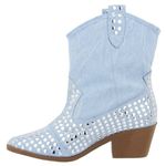 Bota Feminina Texana Salto Baixo Com Spikes 23040 Tecido Jeans Claro
