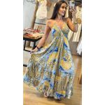 VESTIDO INDIANO COSTA ABERTA- AZUL CLARO E DOURADO