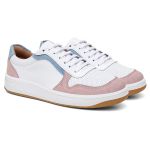 Tênis feminino em couro legítimo branco com camurça rosa e azul 49068CA-2733