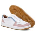 Tênis feminino em couro legítimo branco com camurça rosa e azul 49068CA-2733