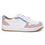 Tênis feminino em couro legítimo branco com camurça rosa e azul 49068CA-2733