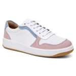 Tênis feminino em couro legítimo branco com camurça rosa e azul 49068CA-2733