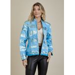 Jaqueta De Couro Pelica Patchwork Feminina Bicolor Metal Azul Michele