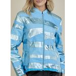Jaqueta De Couro Pelica Patchwork Feminina Bicolor Metal Azul Michele