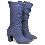 9506 Bota Cano Medio Enrugado Salto Grosso Medio Jeans Azul