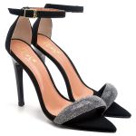 7960 Sandália Salto Alto Bico Folha Nobuck Preto/Manta Strass