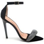 7960 Sandália Salto Alto Bico Folha Nobuck Preto/Manta Strass