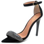 7960 Sandália Salto Alto Bico Folha Nobuck Preto/Manta Strass