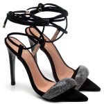 7961 Sandália Salto Alto Bico Folha Nobuck Preto/Manta Strass