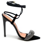 7961 Sandália Salto Alto Bico Folha Nobuck Preto/Manta Strass