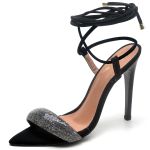 7961 Sandália Salto Alto Bico Folha Nobuck Preto/Manta Strass