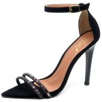 7962 Sandália Salto Alto Bico Folha Nobuck Preto/Pedraria