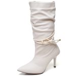 9116 Bota Cano Médio Enrrugado Salto Médio Napa Off White com Tira