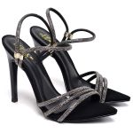 7964 Sandália Salto Alto Bico Folha Nobuck Preto/Tira Strass