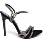 7964 Sandália Salto Alto Bico Folha Nobuck Preto/Tira Strass