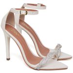 7966 Sandália Salto Alto Bico Folha Napa Off White/Tira Strass