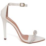 7966 Sandália Salto Alto Bico Folha Napa Off White/Tira Strass