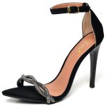 7966 Sandália Salto Alto Bico Folha Nobuck Preto/Tira Strass