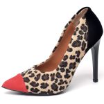 7107 Scarpin Salto Alto Nobuck Vermelho/Pelo Onça