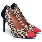 7107 Scarpin Salto Alto Nobuck Vermelho/Pelo Onça