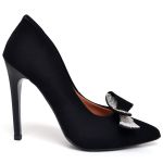 7108 Scarpin Salto Alto Nobuck Preto com Laço Strass