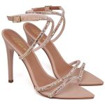 7976 Sandália Salto Alto Bico Folha Napa Rosado/Tira Strass