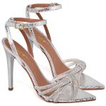 7977 Sandália Salto Alto Bico Folha Cristal Prata/Tira Strass