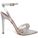 7977 Sandália Salto Alto Bico Folha Cristal Prata/Tira Strass