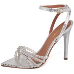 7977 Sandália Salto Alto Bico Folha Cristal Prata/Tira Strass