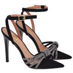 7977 Sandália Salto Alto Bico Folha Nobuck Preto/Tira Strass