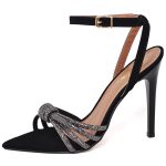 7977 Sandália Salto Alto Bico Folha Nobuck Preto/Tira Strass
