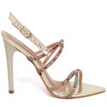 7980 Sandália Salto Alto Bico Folha Cristal Prata/Tira Strass