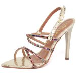 7980 Sandália Salto Alto Bico Folha Cristal Prata/Tira Strass