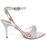 8977 Sandália Salto Médio Bico Folha Cristal Prata/Tira Strass